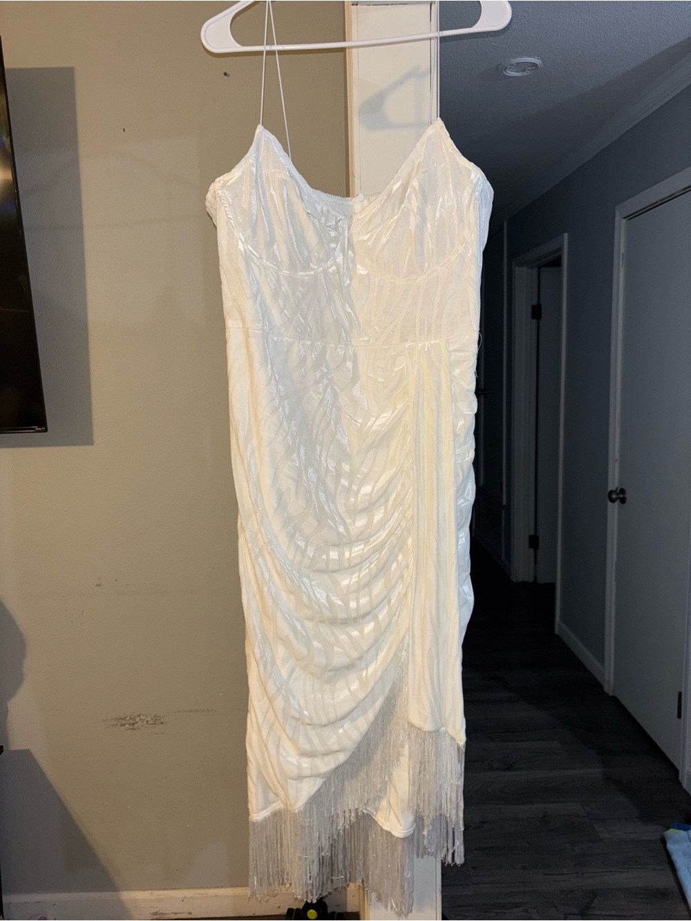 PrettyLittleThing White Ruched Slip Dress with Fringe Hem - Picture 2 of 3